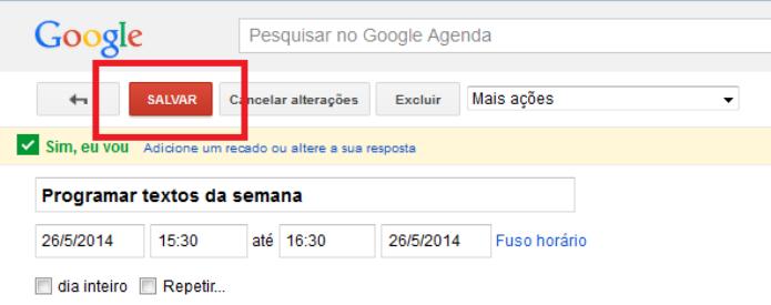 Salvando as alterações do evento na Agenda do Google (Foto: Reprodução/Lívia Dâmaso)