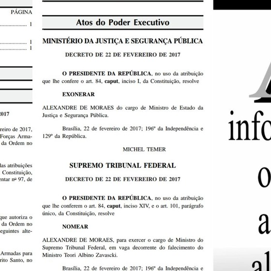 Planalto solta edição extra do Diário Oficial com a nomeação de Alexandre de Moraes ao STF (Foto: Reprodução)