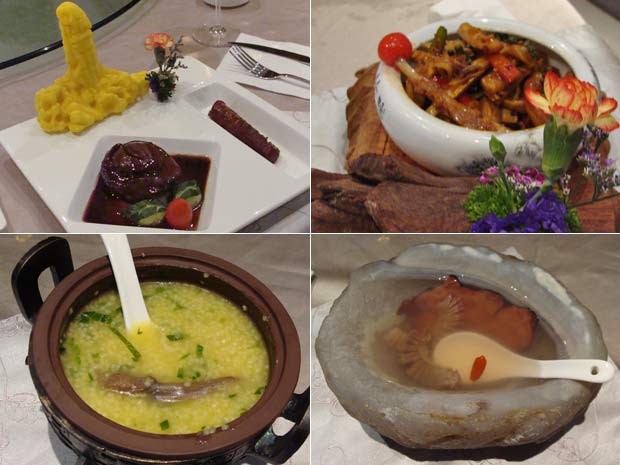 Degustação de pratos com pênis de animais no restaurante Guoli Zhuang. A partir do alto à esquerda, em sentido horário: Pênis de cavalo, de cachorro, de veado e de cobra (Foto: Paula Ramón/G1)