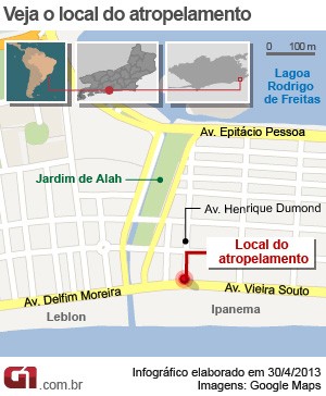 Mapa ciclista atropelado em Ipanema (Foto: Editoria de Arte/G1)