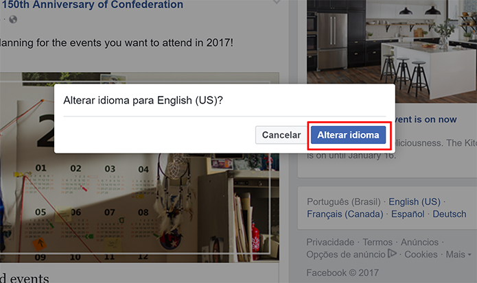 Confirme a alteração de idioma do Facebook para Inglês (Foto: Reprodução/Elson de Souza)