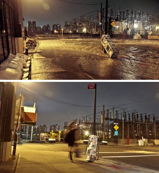 Área de uma subestação de eletricidade no Brooklyn ficou alagada na passagem da supertempestade Sandy em outubro de 2012 (Foto: Bebeto Mattews/AP)