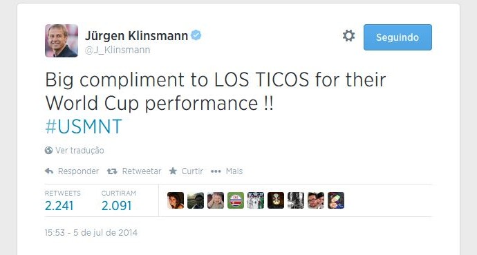 Klinsmann felicita a Costa Rica para la campaña en la Copa del Mundo (Foto: Reproducción / Twitter)