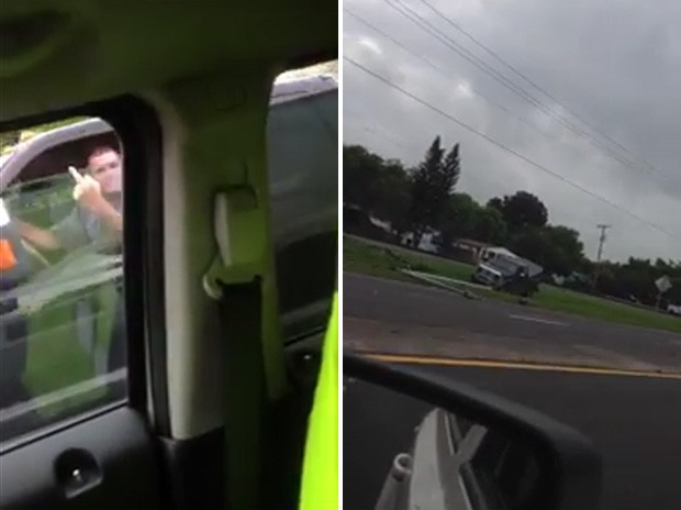 Motorista 'machão' fez gestos obscenos ao forçar ultrapassagem e acabou perdendo o controle da caminhonete (Foto: Reprodução/YouTube/Florida Driver)