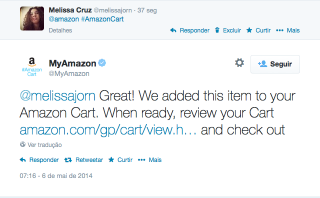 Amazon avisa por reply que produto foi adiciona ao carrinho do cliente (Foto: Reprodução/Melissa Cruz) Amazon avisa por reply que produto foi adiciona ao carrinho do cliente (Foto: Reprodução/Melissa Cruz)