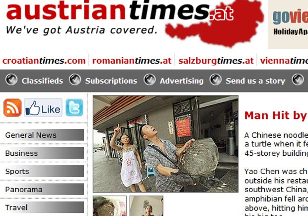 Chinês foi atingido por uma tartaruga que caiu de um prédio.  (Foto: Reprodução/Austrian Times)
