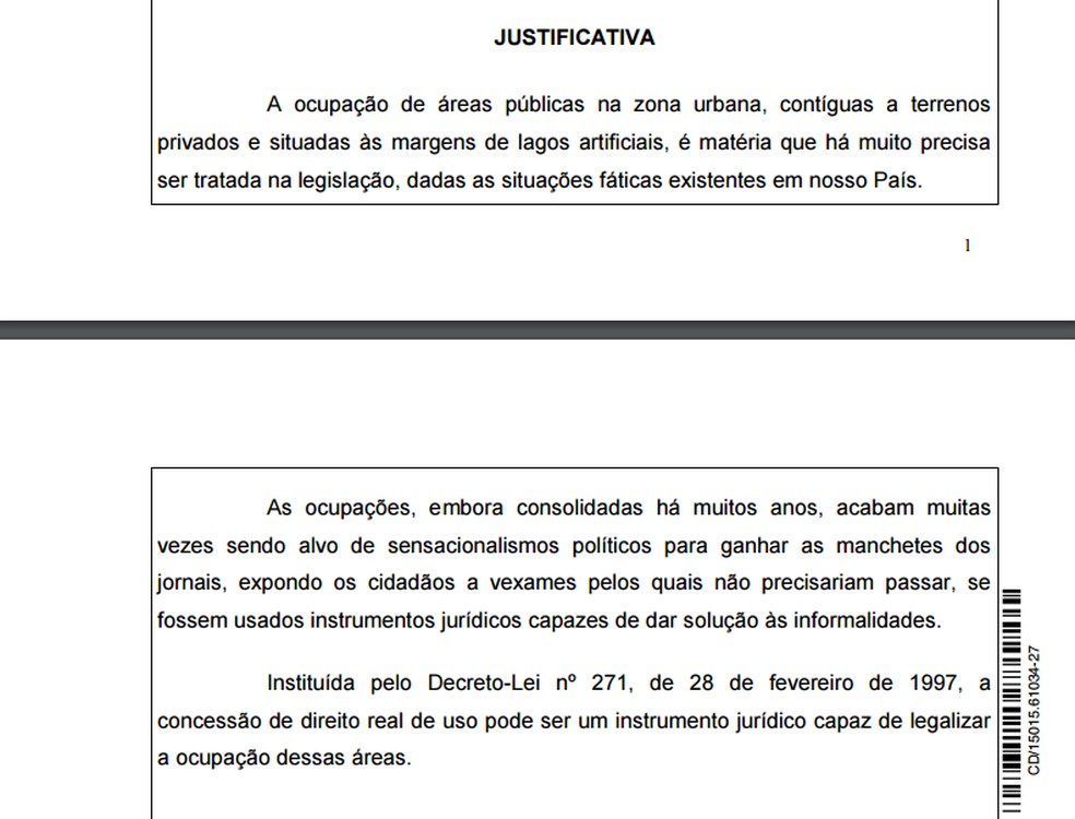 Justificativa da emenda do deputado Alberto Fraga para regularizar lotes à beira de lagos artificiais (Foto: Reprodução)
