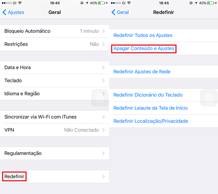 Vá até "Redefinir" e escolha a opção "Apagar Conteúdos e Arquivos" (Foto: Reprodução) Vá até "Redefinir" e escolha a opção "Apagar Conteúdos e Arquivos" (Foto: Reprodução)