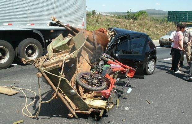 Acidente entre carro e carroça mata cavalo e jovens se salvam, em Goiás (Foto: Divulgação/PRF)