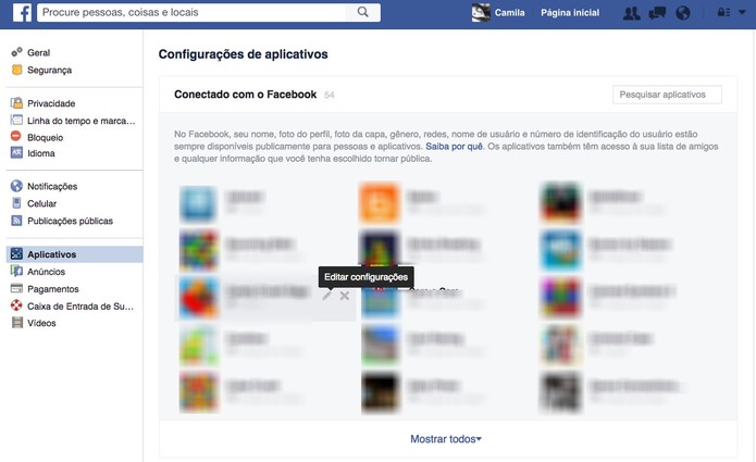 Veja os aplicativos que estão conectados ao Facebook (Foto: Reprodução/Camila Peres)