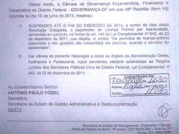 Ofício do Comitê de Governança do DF suspende pagamento de licenças-prêmio a aposentados até o fim de 2015 (Foto: Reprodução)