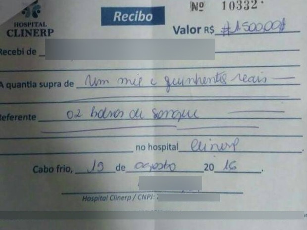 Recibo mostra suposta venda de bolsas de sangue no hospital privado (Foto: MPRJ/Divulgação)