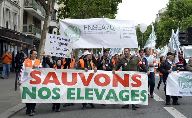 'Salve nosso rebanho', diz cartaz neste domingo em manifestação de produtores rurais na França (Foto: AFP PHOTO / MIGUEL MEDINA)