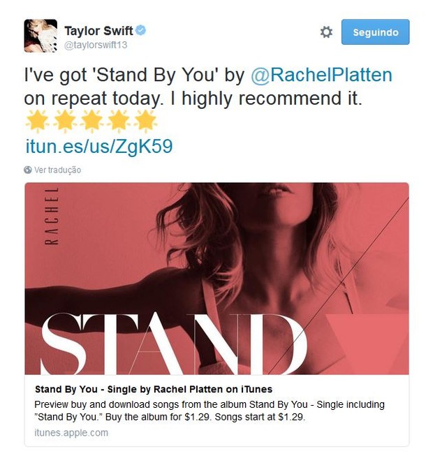 Taylor Swift elogia Rachel (Foto: Reprodução/Twitter)