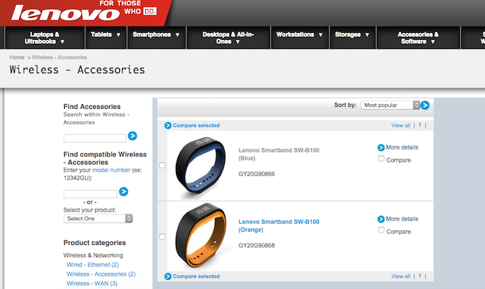 Smartband da Lenovo aparece em duas cores no site: azul e laranja (Reprodução)