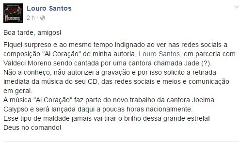 Post de Louro Santos em rede social (Foto: Reprodução/Facebook)