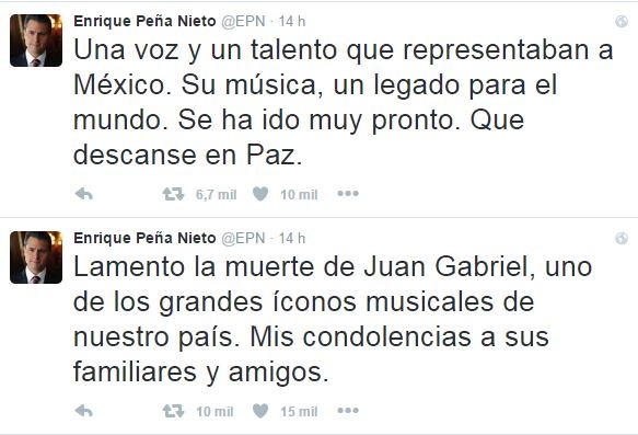 Presidente do México, Enrique Peña Nieto, deplora morte de Juan Gabriel (Foto: Reprodução / Twitter) Presidente do México, Enrique Peña Nieto, deplora morte de Juan Gabriel (Foto: Reprodução / Twitter)