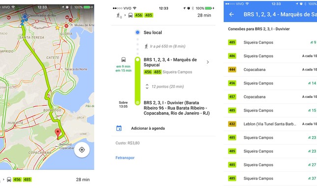 Telas de exemplo da nova funcionalidade do Google Maps no Rio
