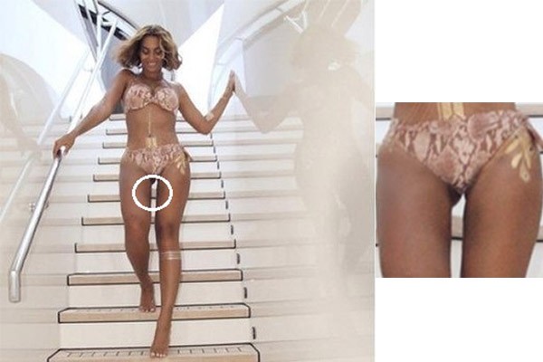 Já com rumores de fotos alteradas por Photoshop, Beyoncé postou, em setembro, uma foto em que é possível notar uma deformação nas escadas logo entre as pernas da cantora (Foto: Instagram)