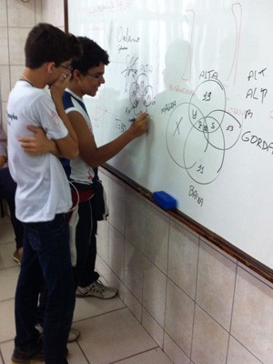 Estudantes tentam descobrir resultado de problema de raciocínio lógico (Foto: Cristiano Prates/Arquivo pessoal)