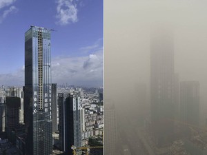 O arranha-céu de 75 Andares de Shenyang E Visto na Província de Liaoning 10 dias atras e Nesta segunda (21), à Direita, mostrando a Diferença na Qualidade do Ar.  A Poluição, Das UMA preocupações crescentes nd China, deixou UMA visibilidade inferior a 200 m.  (Foto: Reuters / Stringer)