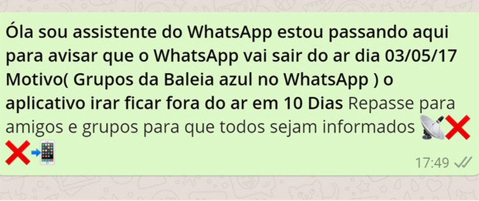 Mensagem falsa alerta para suspensão do aplicativo (Foto: Reprodução)