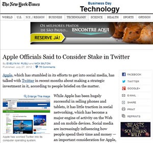 New York Times disse que Apple considera comprar participação no Twitter (Foto: Reprodução) New York Times disse que Apple considera comprar participação no Twitter (Foto: Reprodução)
