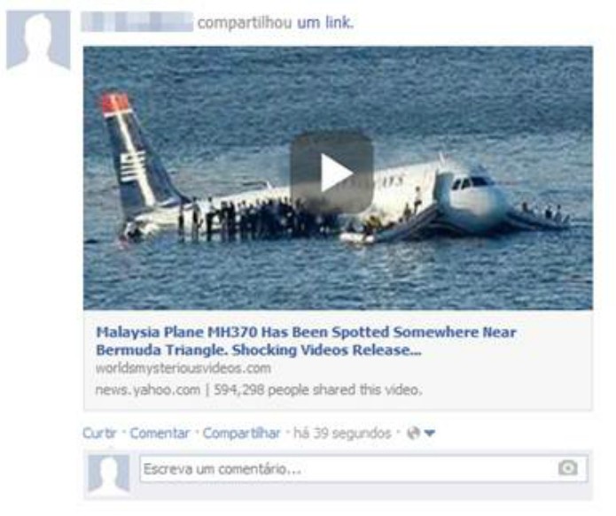 Vídeo sobre descoberta do avião desaparecido é vírus. (Foto: Reprodução/Facebook)