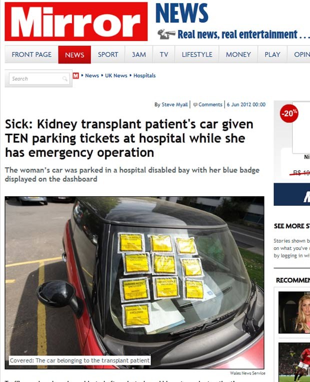 Paciente recebeu dez multas por estacionamento irregular enquanto era submetida a uma cirurgia de emergência. (Foto: Reprodução/Daily Mirror)