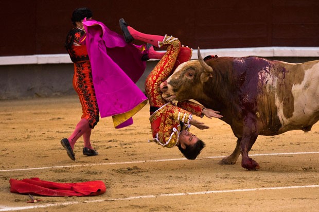Animal acertou perna de toureiro e chegou levant-lo (Foto: Andres Kudacki/AP)