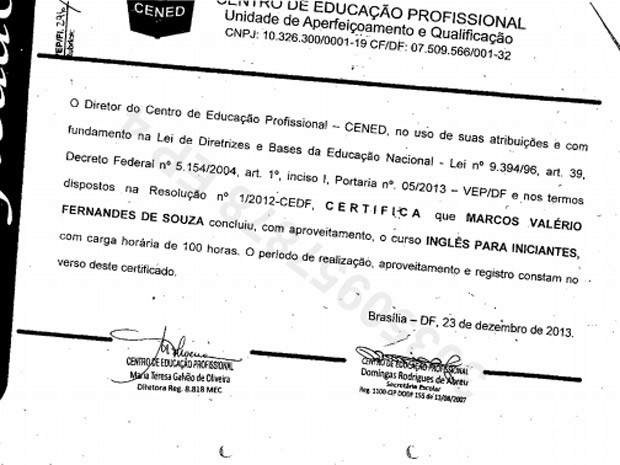 Diploma do curso de inglês para iniciantes feito por Marcos Valério (Foto: Reprodução)