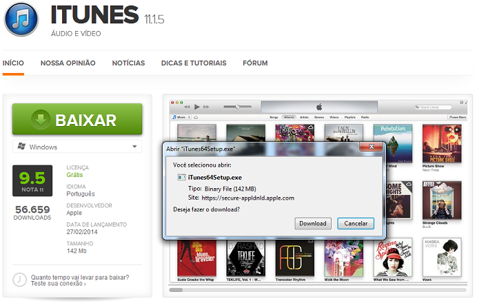 Baixando a versão mais recente do iTunes no TechTudo Downloads (Foto: Reprodução/Edivaldo Brito)