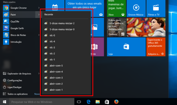 Documentos recentes no menu Iniciar (Foto: reprodução/Edivaldo Brito)