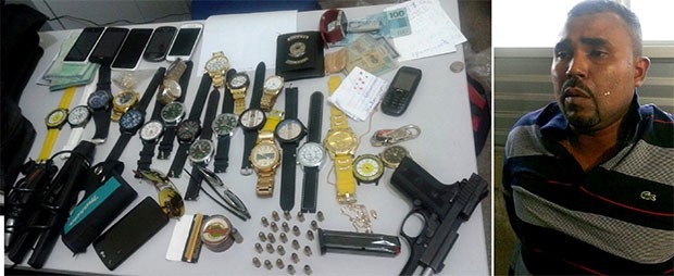 Pistola, celulares e vários relógios foram aprendidos durante a prisão de Wanderson Wagner Nascimento Rolemberg  (Foto: Divulgação/Polícia Militar)