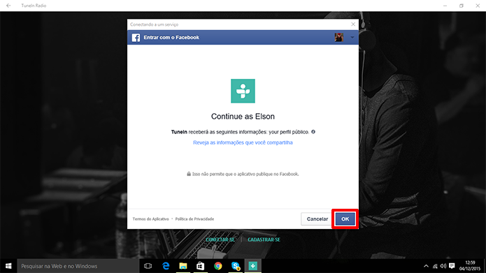 TuneIn para PC pode ser conectador com o Facebook do usuário (Foto: Reprodução/Elson de Souza)
