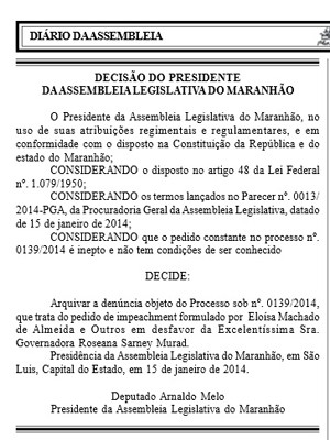 Decisão foi publicada no Diário Oficial da AL-MA (Foto: Reprodução/Diário Oficial)