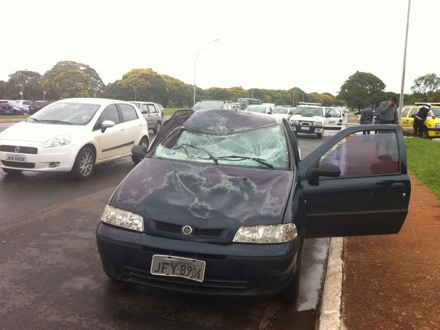 Frente do carro ficou destruída após o impacto com o cavalo  (Foto: Káthia Mello/G1)