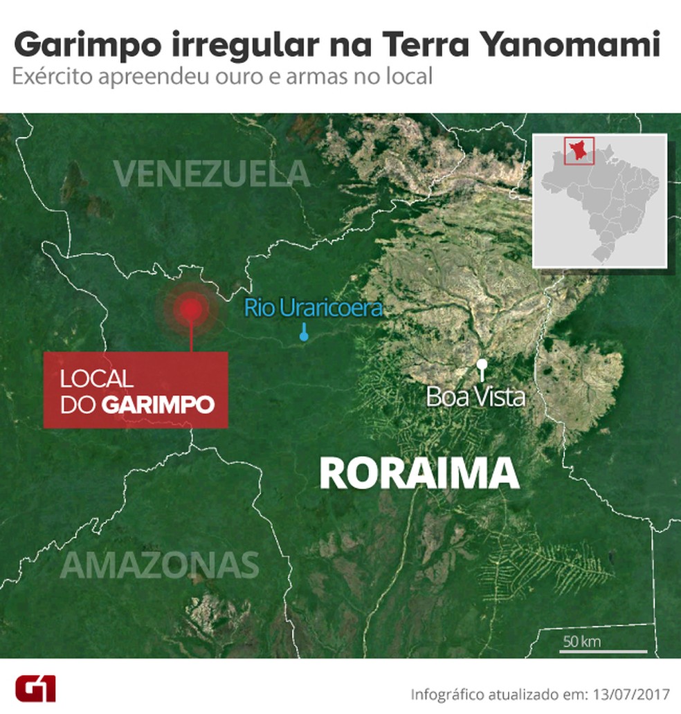 Garimpo ilegal em região de floresta próximo a fronteira com a Venezuela (Foto: Arte/G1)