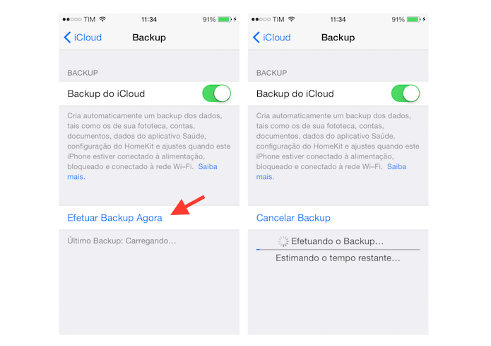 Efetuando o backup manual do iCloud no iPhone (Foto: Reprodução/Marvin Costa)