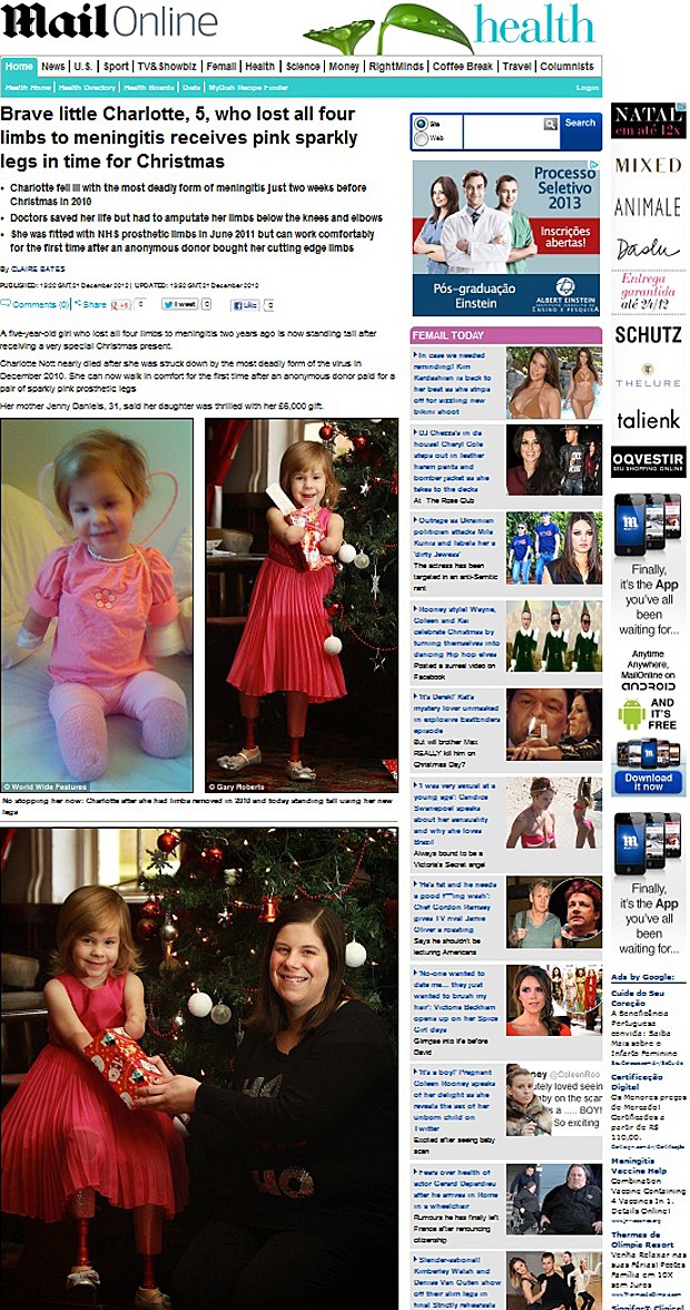 Menina meningite pernas próteses cor-de-rosa (Foto: Daily Mail/Reprodução)