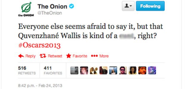 Mensagem postada no perfil do site 'The Onion' no domingo (24), com insulto à atriz Quvenzhane Wallis. 'Todos estão com medo de dizer, mas aquela Quvenzhané Wallis é uma idiota, não é?', escreveu o 'The Onion' (Foto: Reprodução/Twitter)