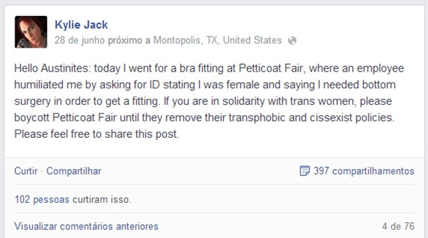 Kylie Jack reclamou de atendimento em loja de lingerie no Texas (Foto: Reprodução/Facebook)