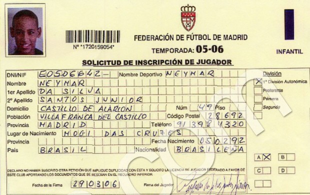 Ficha de inscrição Neymar Real Madrid (Foto: Reprodução/As.com)