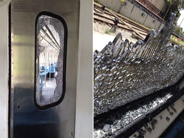 Mais de cem vidros foram quebrados. Detalhe mostra como ficou janela de uma composição. (Foto: Kety Marinho/ TV Globo)