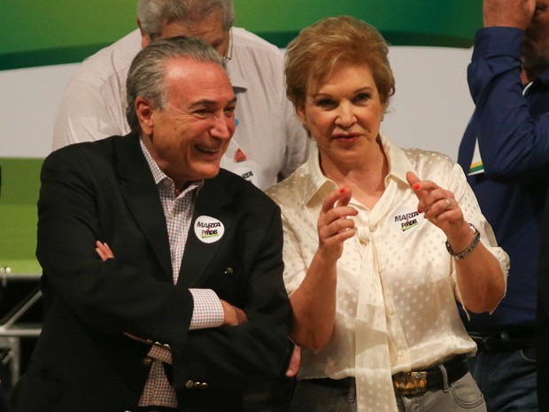 O vice-presidente do Brasil, Michel Temer e a senadora, Marta Suplicy, durante ato de filiação ao PMDB no Teatro Tuca em São Paulo, SP, na manhã deste sábado (26). 26/09/2015 - Foto:  (Foto: Leonardo Benassatto/Futura Press/Estadão Conteúdo)