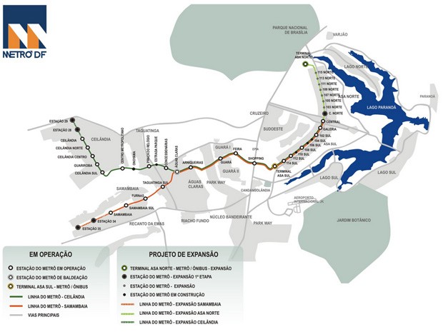 Linhas e estações do Metrô do Distrito Federal (Foto: Metrô-DF/Reprodução)