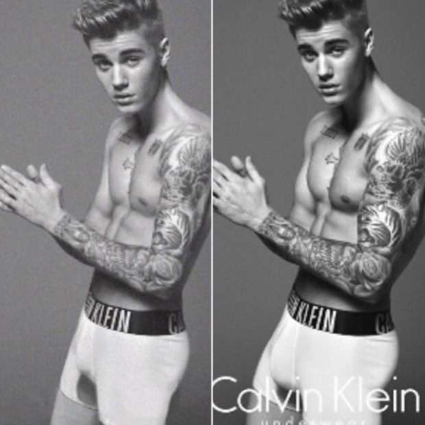 Montagem mostra Justin Bieber em foto de campanha que teria sido alterada (Foto: Instagram/ Reprodução)