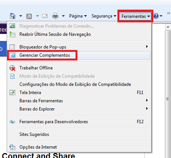 Atalho para os complementos do Internet Explorer (Foto: Reprodução/Lívia Dâmaso)