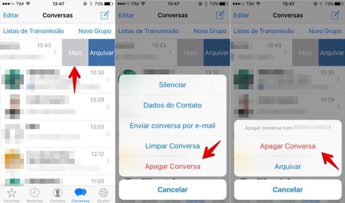 Apagando uma conversa no WhatsApp para iOS (Foto: Reprodução/Helito Bijora) Apagando uma conversa no WhatsApp para iOS (Foto: Reprodução/Helito Bijora)
