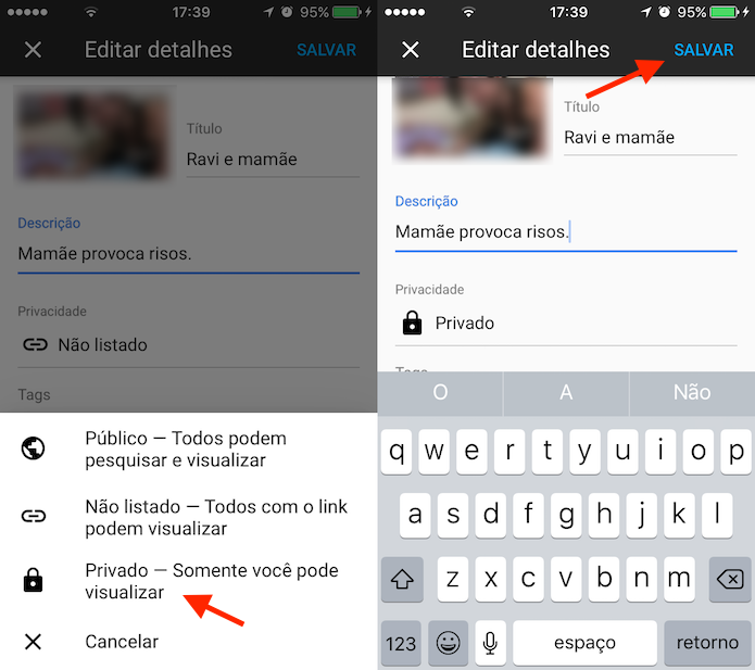 Opção para editar a privacidade de um vídeo em um canal do YouTube (Foto: Reprodução/Marvin Costa)